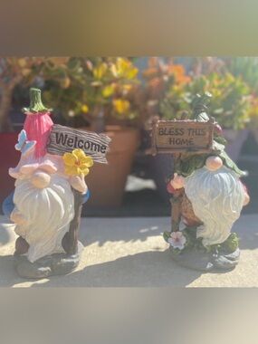 Garden Gnome Set - Welcome & Bless This Home Signs, White Beards
